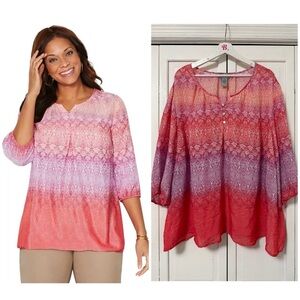 Catherine’s Pink Coral Ombré Santa Fe Peasant Top Size 3X 3/4 Sleeve Spring